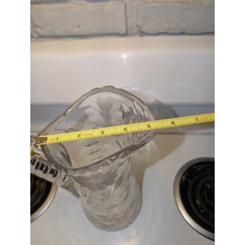 Antique American Brilliant Period Cut Water Pitcher Etched Daisy Diamond 11.5